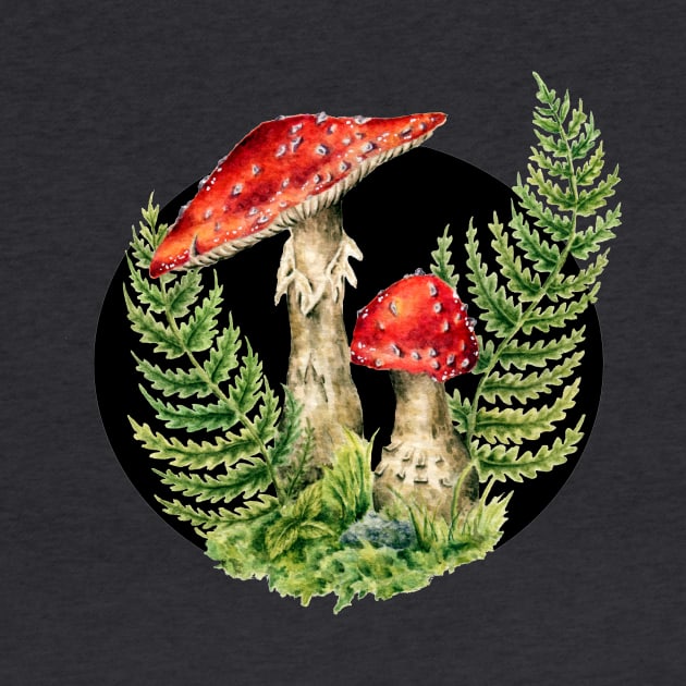 Cottagecore Fairy Mushrooms, Toadstool and Ferns, Fungus Mycology Art, Amanita Muscaria by kaleighdayart